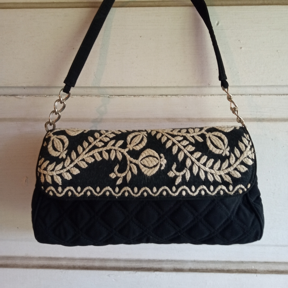 Black Vera Bradley purse with white embroidery